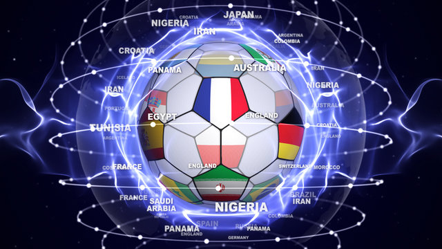 Soccer Ball and World Cup Team Flags in Blue Abstract Particles Ring, Background
