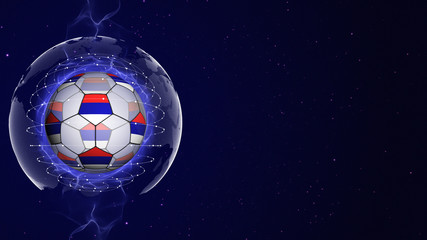 Soccer Ball and RUSSIA Flag in Blue Abstract Particles Ring, Background
