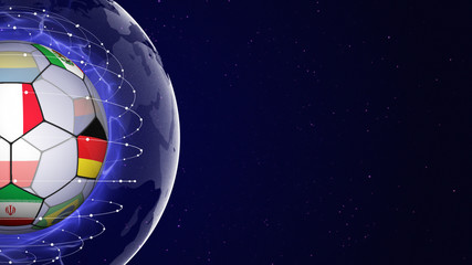 Fototapeta premium Soccer Ball and World Cup Team Flags in Blue Abstract Particles Ring, Background 