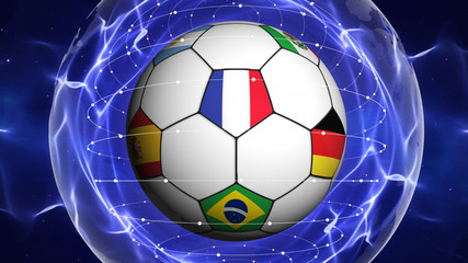 Soccer Ball and World Cup Team Flags in Blue Abstract Particles Ring, Background
