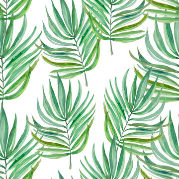 Watercolor leaves of fern and palm, seamless pattern for fabric and other printed products Watercolor leaves of fern and palm, seamless pattern for fabric and other printed productsof tropical themes.