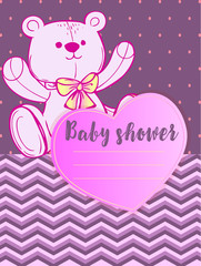 Baby shower vector with a pink toy teddy bear and a beautiful heart on a gradient background pattern. Idea for children's album and children's metrics