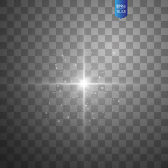 Glow isolated white transparent light effect set, lens flare, explosion, glitter, line, sun flash, spark and stars. Abstract special effect element design