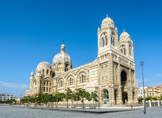 General view of the cathedral of Marseille, Sainte-Marie-Majeure, also known as La Major, a neo-byzantine style catholic building achieved in 1893 in the district of La Joliette.