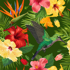 Floral Tropical Seamless Pattern with Exotic Flowers and Humming Bird. Blooming Flowers, Birds and Palm Leaves Background for Fabric, Wallpaper, Textile. Vector illustration