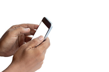 two hand operating smartphone, white background
