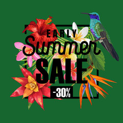 Summer Sale Banner with Tropical Hibiscus Flowers and Humming Birds. Floral Template for Promo, Discount Flyer, Voucher, Advertising. Vector illustration