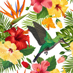 Panele Szklane Podświetlane  Kwiatowy wzór tropikalny z egzotycznych kwiatów i brzęczący ptak. Kwitnące kwiaty, ptaki i liście palmowe tło tkaniny, tapety, tekstylia. Ilustracja wektorowa
