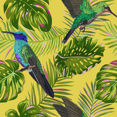Floral Tropical Seamless Pattern with Humming Bird. Birds and Palm Leaves Background for Fabric, Wallpaper, Textile. Vector illustration