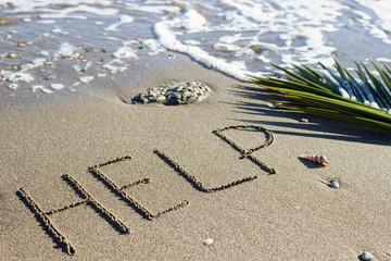 Help - sign in the sand on a background of sea and palm branch. Texture - soft wave of the sea.