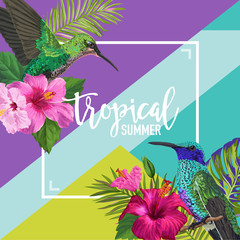Tropical Summer Floral Poster with Hummingbird. Summertime Design with Exotic Flowers and Birds. Sale Banner with Palm Leaves. Vector illustration
