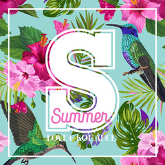 Tropical Summer Floral Poster with Hummingbird. Summertime Design with Hibiscus Flowers and Birds. Sale Banner with Palm Leaves. Vector illustration