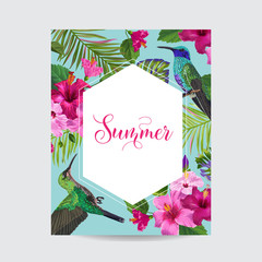 Tropical Summer Floral Poster with Hummingbird. Summertime Card with Hibiscus Flowers and Birds. Sale Banner with Palm Leaves and Golden Frame. Vector illustration