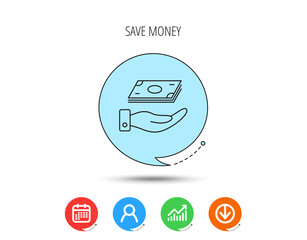 Save money icon. Hand with cash sign.