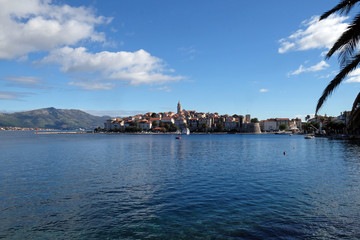 Fototapeta premium Seafront view at picturesque medieval Dalmatian town Korcula, Croatian culture and historic destination.