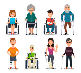 Disablement person. Blind disability people and elderly on crutches or wheelchair. Disabled character for medical vector background - obrazy, fototapety, plakaty