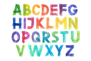 Obraz premium Colored pencils alphabet font type handwritten hand draw abc letters