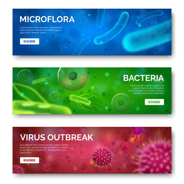 Microbiology 3d Background. Viruses, Infection And Bacteria For Banners. Virus Bacterium Science Isolated Banner Set