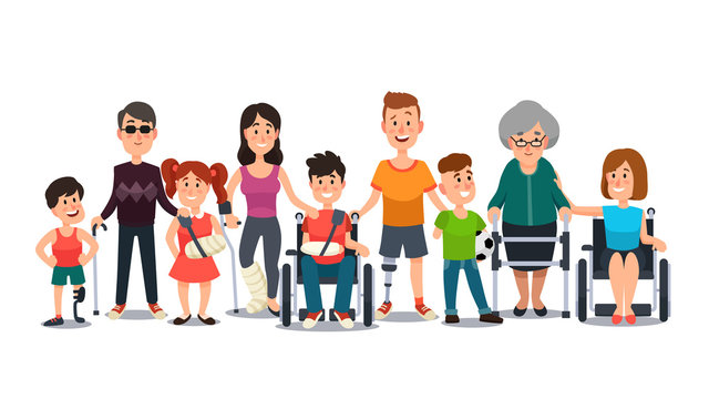 Disabled characters. People with special needs. Student in wheelchair, man with disability and elderly on crutches cartoon vector set