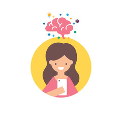 Vector icon of a girl with smartphone using brain training app