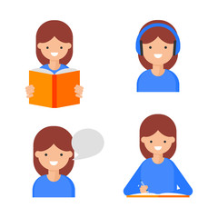 Reading, Writing, Speaking, Listening. Language learning icons, flat style