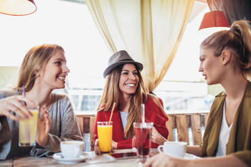 Female friends enjoying in conversation and drinking coffee in cafe