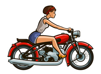 Plakat Retro pin-up girl riding on a motorcycle. Cartoon vector illustration