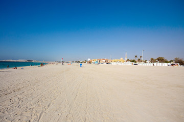 Naklejka premium Panoramic view on nice Jumeirah beach in Dubai famous tourist destination,