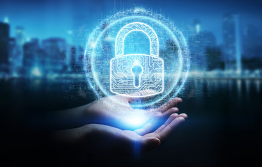 Businesswoman protecting his datas with digital security hologram 3D rendering
