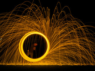 Steel wool light painting as a circle in the dark background