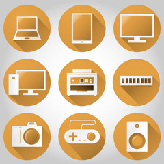 Electronic devices and multimedia Web-colorful Flat Icon design. Template elements for Web and Mobile Applications in orange color. The ideal solution for online stores selling Computers 