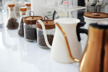 Specialty coffee tools in a coffee white bar from Thailand.