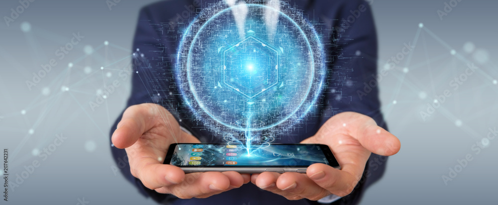 Poster businessman using digital sphere connection hologram 3d rendering