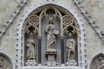 Fototapeta na wymiar Jesus Christ surrounded by saints Stephen the King and St. Ladislaus, portal of the cathedral in Zagreb, Croatia 