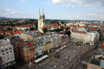 Fototapeta na wymiar Ban Jelacic Square, aerial view in Zagreb, Croatia 
