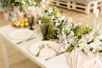 served new year's table. Christmas table. Christmas decor on the table. Christmas dinner