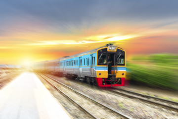 Fototapeta premium Railroad train in trip to creative for design and decoration isolate on background.Copy space. Travel concept (Train motion)