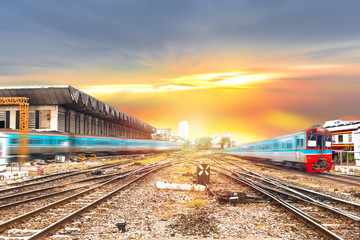 Fototapeta premium Railroad train in trip to creative for design and decoration isolate on background.Copy space. Travel concept (Train motion)