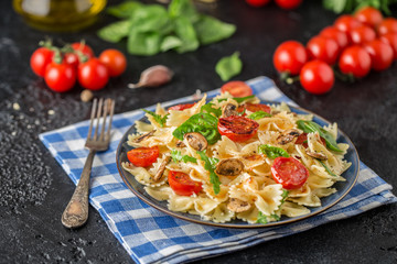 Italian pasta with sauce, cherry tomatoes, basil and parmesan cheese. Delicious pasta plate. Vegan pasta. 