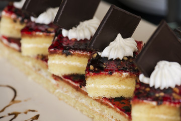 The cake with jam is decorated with cream and pieces of chocolate on a white plate. Selective focus