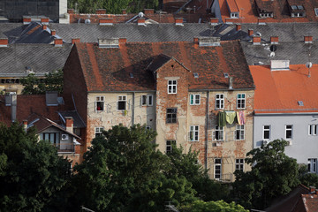 Facade of the old city buildings in Zagreb, Croatia 