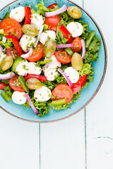Vegetable salad with cheese mozzarella, tomatoes, basilikum and spice.