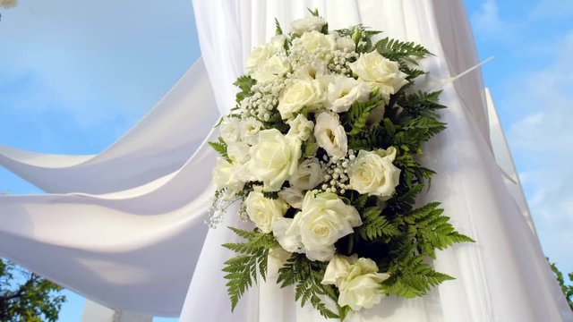 Beautiful video 4k of the Jewish Hupa.Closeup on a bouquet from roses