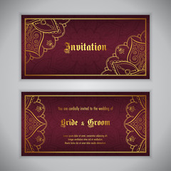 Luxury wedding invitation with golden ornament. Vector illustration