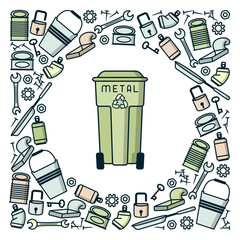 Metal trash illustration with garbage and dumpster. Linear style vector illustration. EPS10