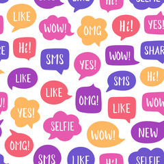 Vector seamless pattern of color speech bubbles with popular social media phrases: selfie, like, wow, sms, hi... Communication, chat, dialog, gadgets, social media network concept. Color flat cartoon