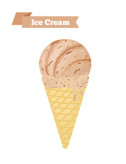 Vector brown ice cream in cone, chocolate taste. Cartoon flat style