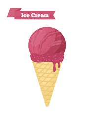 Vector red ice cream in cone, black currant taste