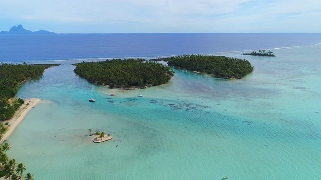 Aerial view of Motu Tautau, palm trees on little islets and turquoise crystal clear water of blue lagoon, tropical paradise of South Pacific Ocean - Tahaa island, landscape of French Polynesia