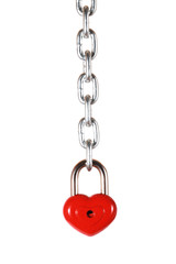 Red heart shape lock and chain. Romantic padlock.